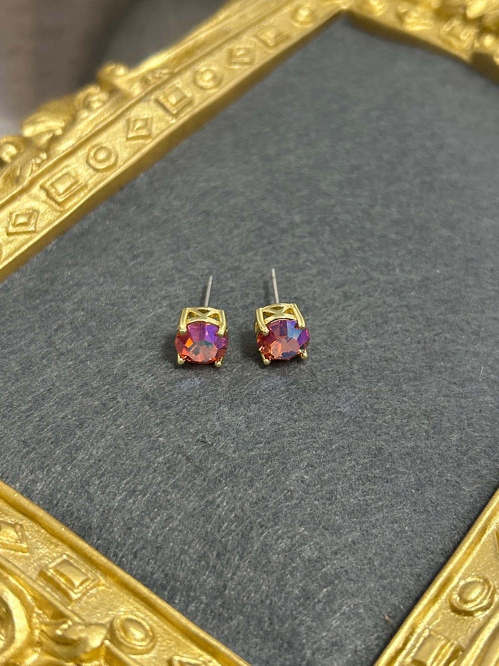 Gold-Set Iridescent Coral Crystal Stud Earrings - Picture 4 of 9